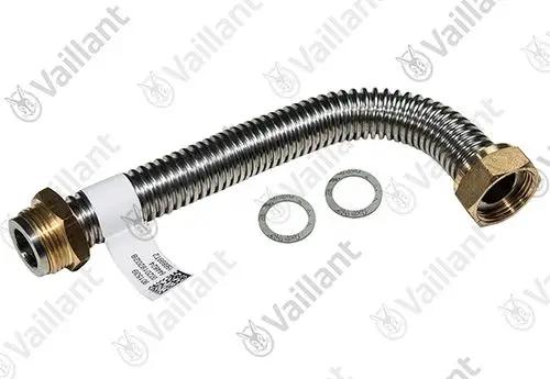 Flexible Gasleitung von Vaillant mit einem gewellten Metallrohr, einem gewinded auf der linken Seite und einem schraubbaren Anschluss auf der rechten Seite, einschließlich zwei Dichtscheiben.